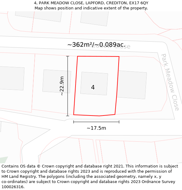 4, PARK MEADOW CLOSE, LAPFORD, CREDITON, EX17 6QY: Plot and title map