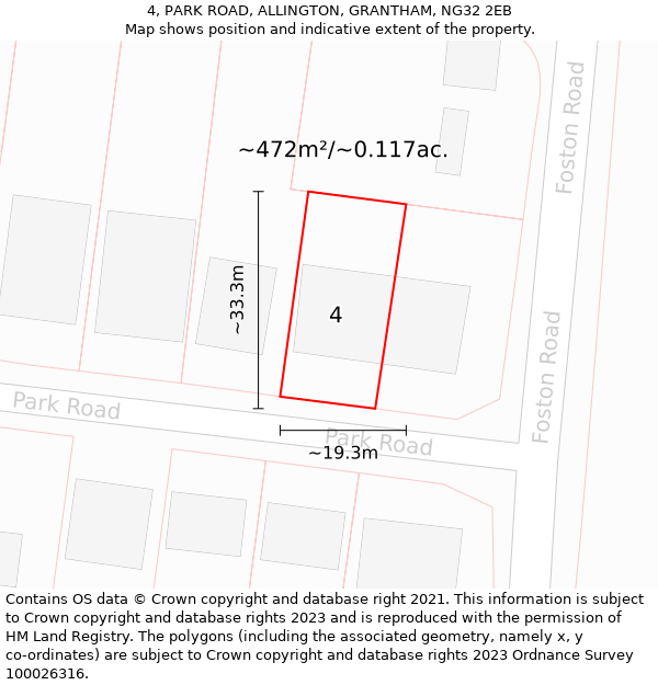 4, PARK ROAD, ALLINGTON, GRANTHAM, NG32 2EB: Plot and title map