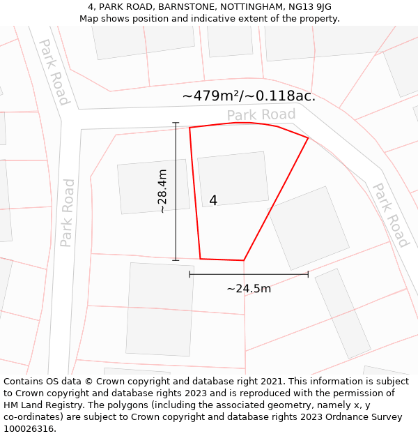 4, PARK ROAD, BARNSTONE, NOTTINGHAM, NG13 9JG: Plot and title map