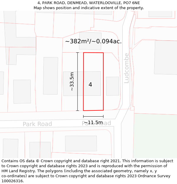 4, PARK ROAD, DENMEAD, WATERLOOVILLE, PO7 6NE: Plot and title map