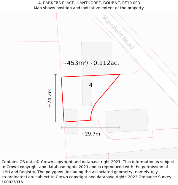 4, PARKERS PLACE, HANTHORPE, BOURNE, PE10 0FB: Plot and title map