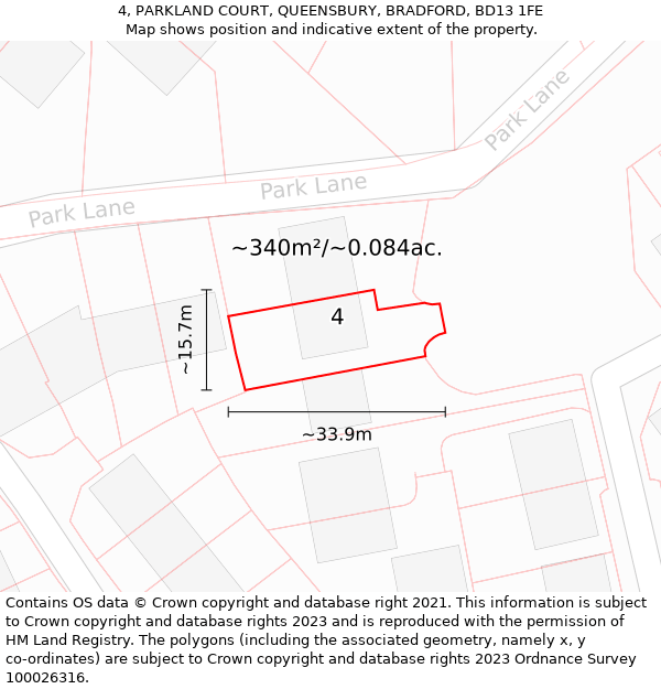 4, PARKLAND COURT, QUEENSBURY, BRADFORD, BD13 1FE: Plot and title map