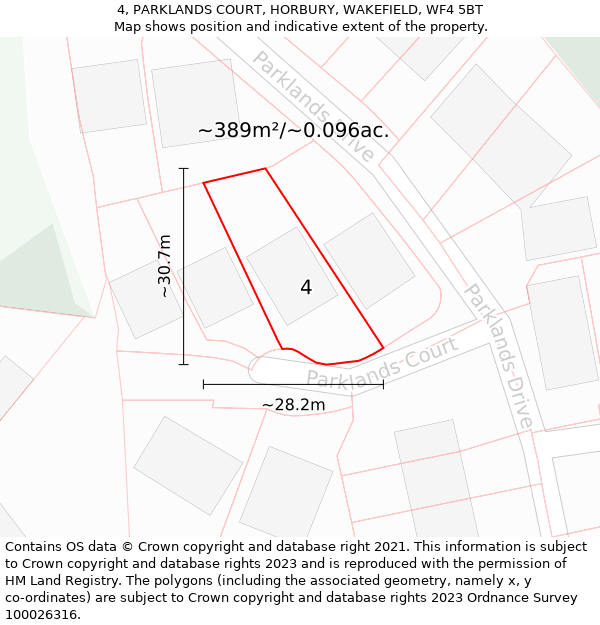 4, PARKLANDS COURT, HORBURY, WAKEFIELD, WF4 5BT: Plot and title map