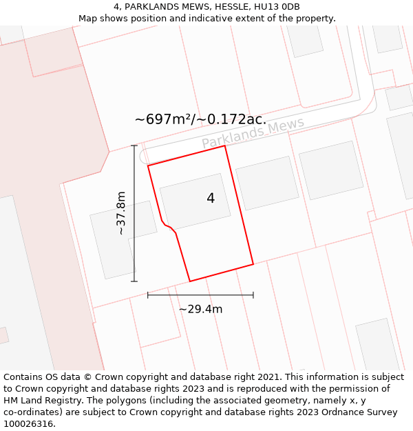 4, PARKLANDS MEWS, HESSLE, HU13 0DB: Plot and title map