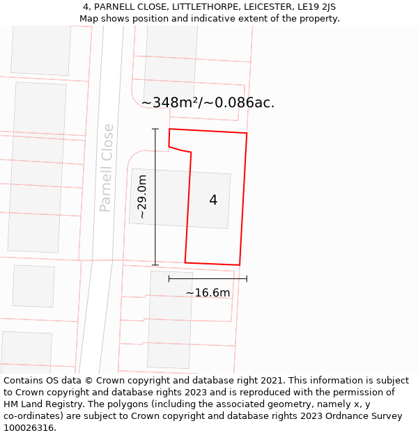 4, PARNELL CLOSE, LITTLETHORPE, LEICESTER, LE19 2JS: Plot and title map