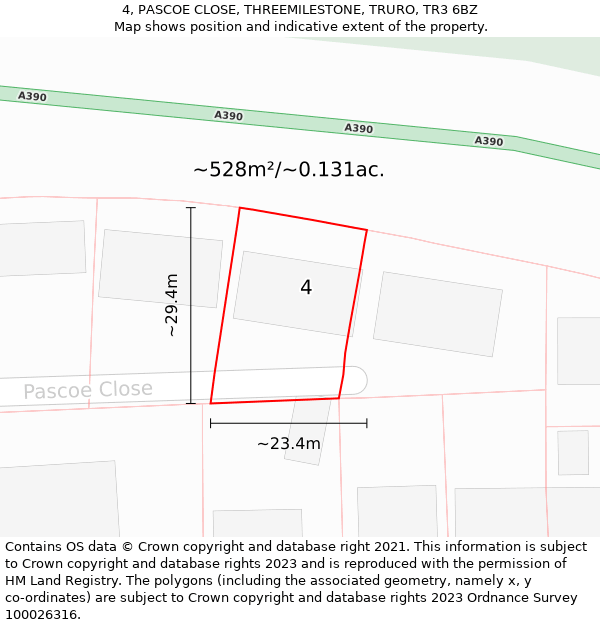 4, PASCOE CLOSE, THREEMILESTONE, TRURO, TR3 6BZ: Plot and title map