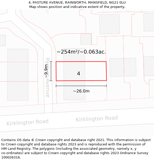 4, PASTURE AVENUE, RAINWORTH, MANSFIELD, NG21 0LU: Plot and title map