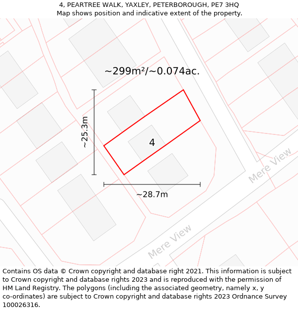 4, PEARTREE WALK, YAXLEY, PETERBOROUGH, PE7 3HQ: Plot and title map