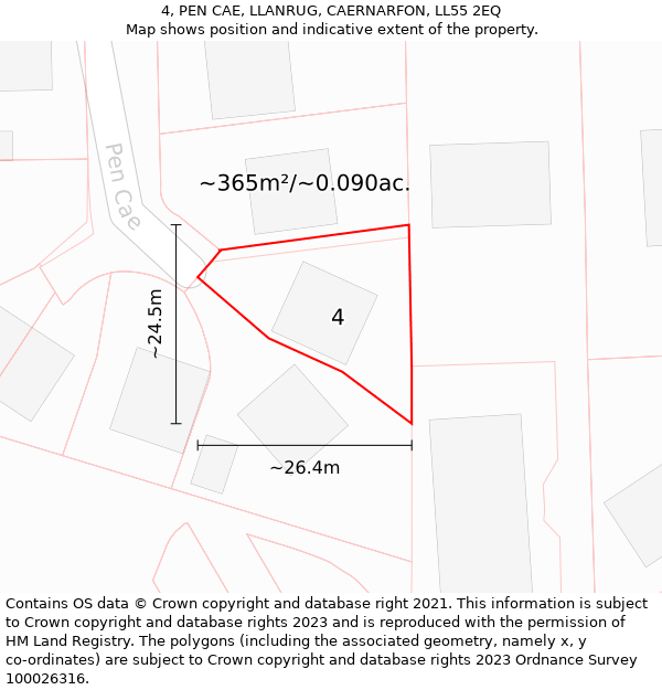 4, PEN CAE, LLANRUG, CAERNARFON, LL55 2EQ: Plot and title map