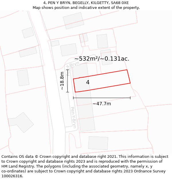 4, PEN Y BRYN, BEGELLY, KILGETTY, SA68 0XE: Plot and title map