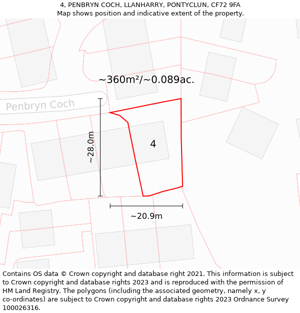 4, PENBRYN COCH, LLANHARRY, PONTYCLUN, CF72 9FA: Plot and title map