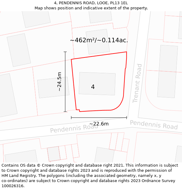 4, PENDENNIS ROAD, LOOE, PL13 1EL: Plot and title map