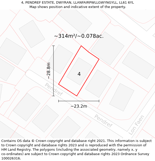 4, PENDREF ESTATE, DWYRAN, LLANFAIRPWLLGWYNGYLL, LL61 6YL: Plot and title map