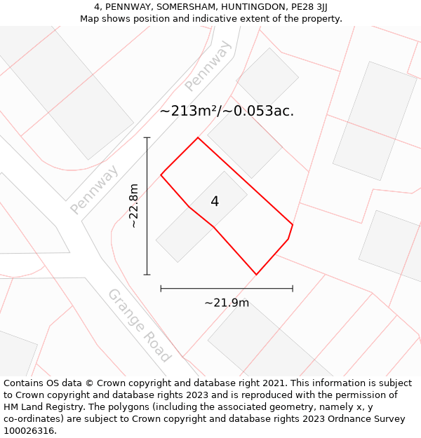 4, PENNWAY, SOMERSHAM, HUNTINGDON, PE28 3JJ: Plot and title map