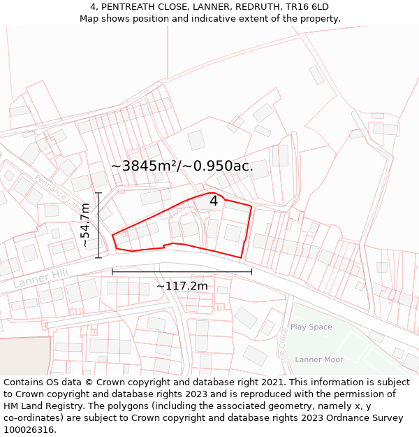 4, PENTREATH CLOSE, LANNER, REDRUTH, TR16 6LD: Plot and title map