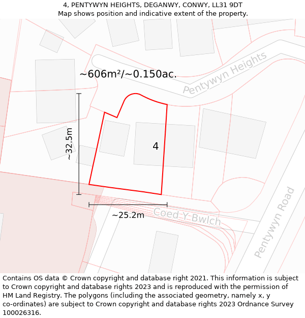 4, PENTYWYN HEIGHTS, DEGANWY, CONWY, LL31 9DT: Plot and title map