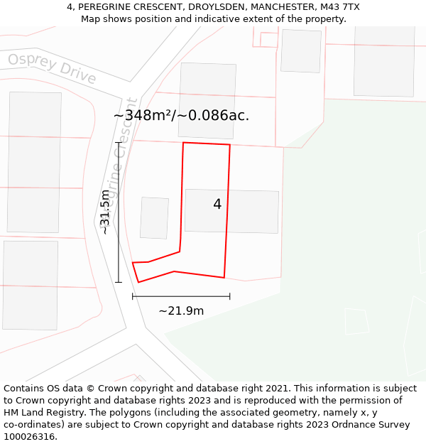 4, PEREGRINE CRESCENT, DROYLSDEN, MANCHESTER, M43 7TX: Plot and title map