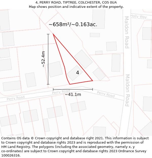 4, PERRY ROAD, TIPTREE, COLCHESTER, CO5 0UA: Plot and title map