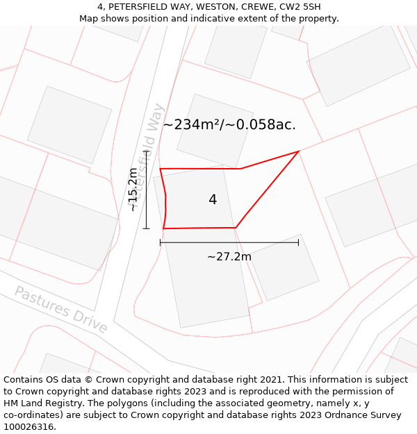 4, PETERSFIELD WAY, WESTON, CREWE, CW2 5SH: Plot and title map