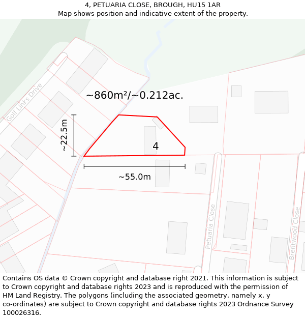 4, PETUARIA CLOSE, BROUGH, HU15 1AR: Plot and title map