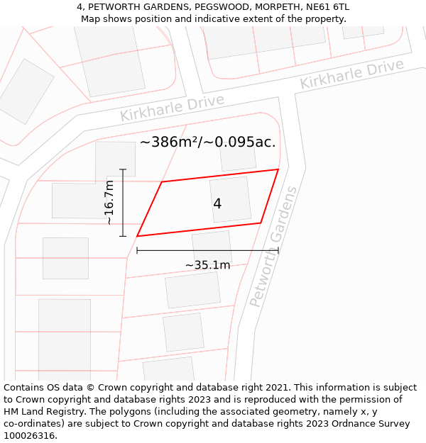 4, PETWORTH GARDENS, PEGSWOOD, MORPETH, NE61 6TL: Plot and title map