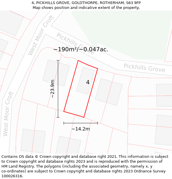 4, PICKHILLS GROVE, GOLDTHORPE, ROTHERHAM, S63 9FP: Plot and title map