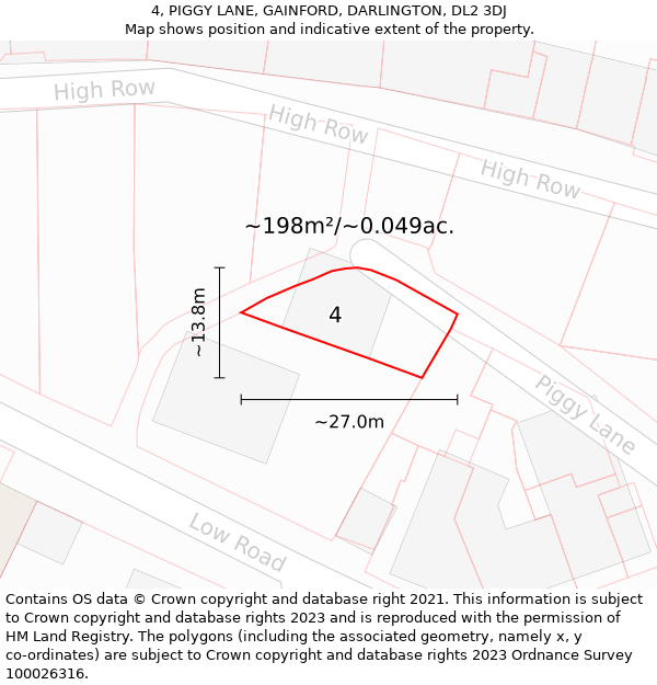 4, PIGGY LANE, GAINFORD, DARLINGTON, DL2 3DJ: Plot and title map