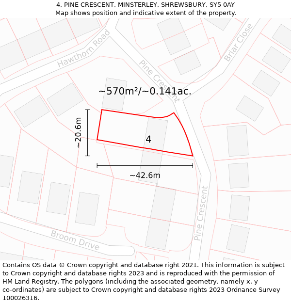 4, PINE CRESCENT, MINSTERLEY, SHREWSBURY, SY5 0AY: Plot and title map