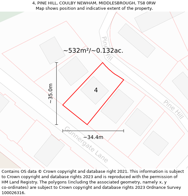 4, PINE HILL, COULBY NEWHAM, MIDDLESBROUGH, TS8 0RW: Plot and title map