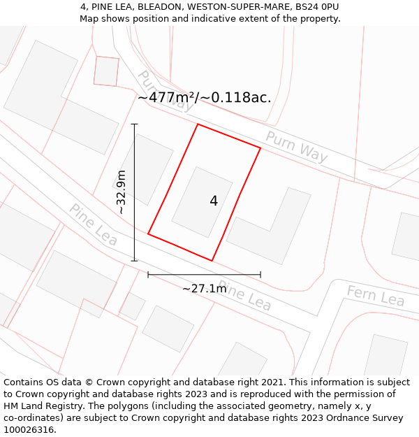 4, PINE LEA, BLEADON, WESTON-SUPER-MARE, BS24 0PU: Plot and title map