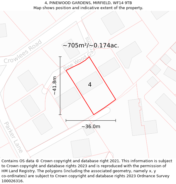 4, PINEWOOD GARDENS, MIRFIELD, WF14 9TB: Plot and title map