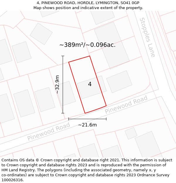 4, PINEWOOD ROAD, HORDLE, LYMINGTON, SO41 0GP: Plot and title map