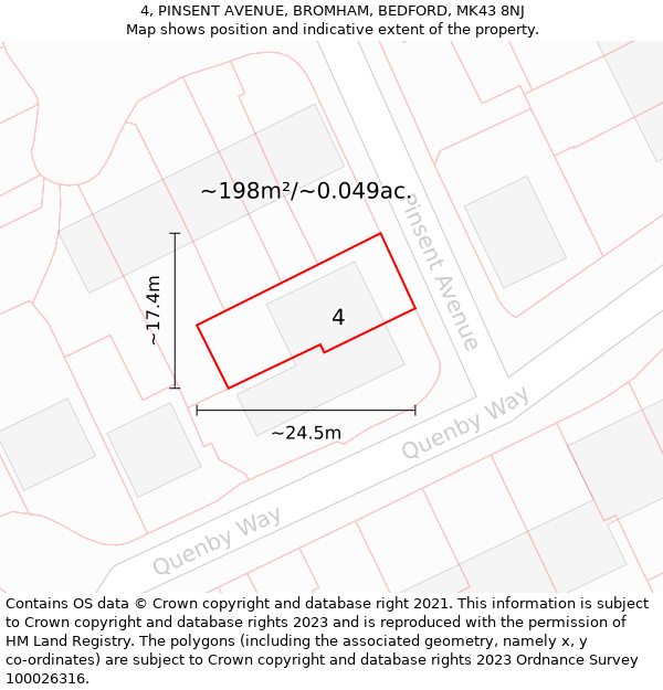 4, PINSENT AVENUE, BROMHAM, BEDFORD, MK43 8NJ: Plot and title map