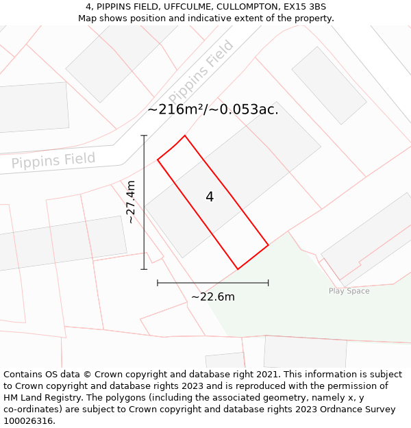 4, PIPPINS FIELD, UFFCULME, CULLOMPTON, EX15 3BS: Plot and title map