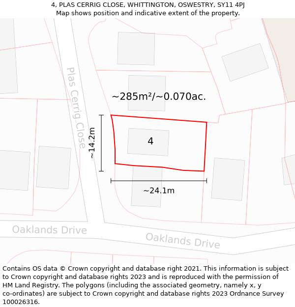 4, PLAS CERRIG CLOSE, WHITTINGTON, OSWESTRY, SY11 4PJ: Plot and title map