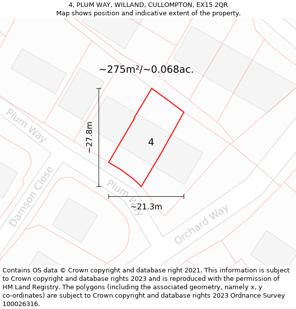 4, PLUM WAY, WILLAND, CULLOMPTON, EX15 2QR: Plot and title map