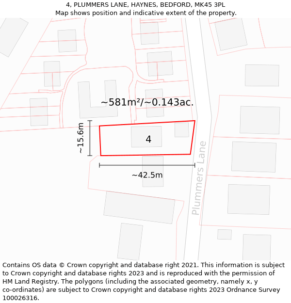 4, PLUMMERS LANE, HAYNES, BEDFORD, MK45 3PL: Plot and title map