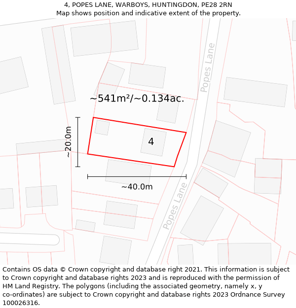 4, POPES LANE, WARBOYS, HUNTINGDON, PE28 2RN: Plot and title map