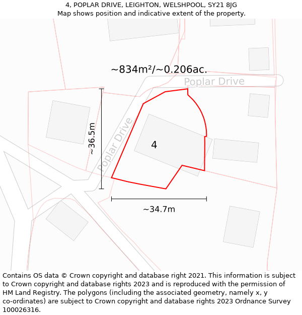 4, POPLAR DRIVE, LEIGHTON, WELSHPOOL, SY21 8JG: Plot and title map