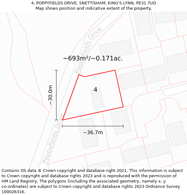 4, POPPYFIELDS DRIVE, SNETTISHAM, KING'S LYNN, PE31 7UD: Plot and title map