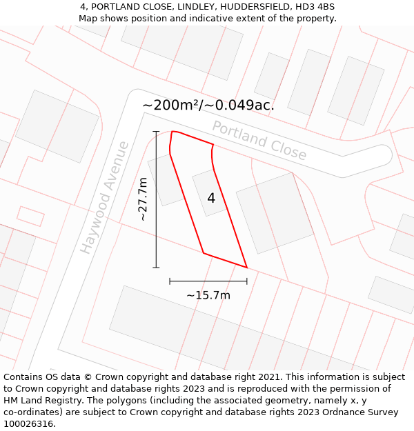 4, PORTLAND CLOSE, LINDLEY, HUDDERSFIELD, HD3 4BS: Plot and title map