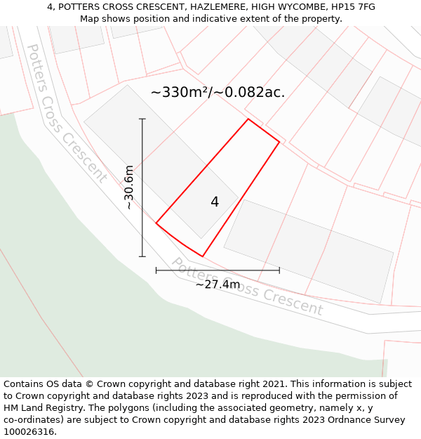 4, POTTERS CROSS CRESCENT, HAZLEMERE, HIGH WYCOMBE, HP15 7FG: Plot and title map