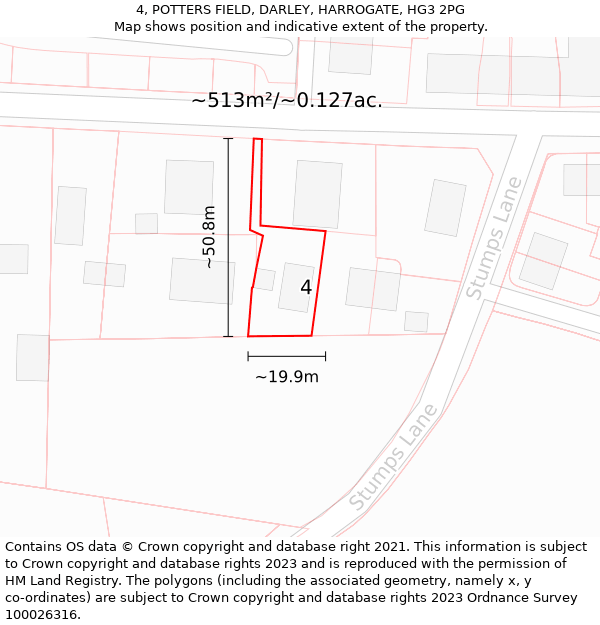 4, POTTERS FIELD, DARLEY, HARROGATE, HG3 2PG: Plot and title map