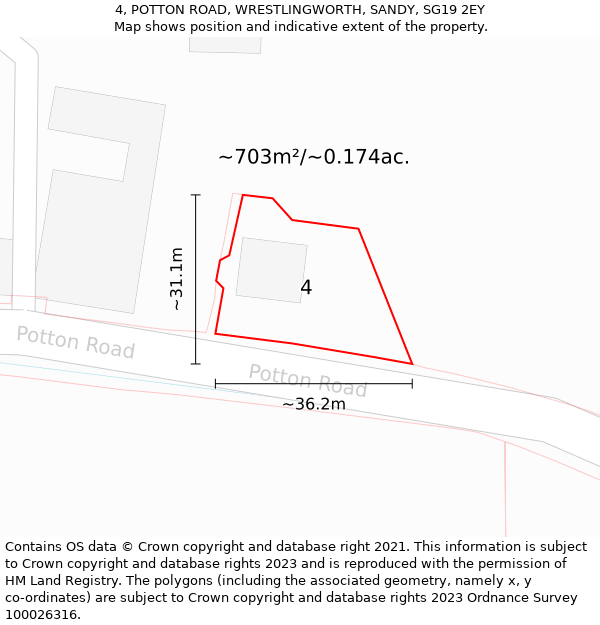 4, POTTON ROAD, WRESTLINGWORTH, SANDY, SG19 2EY: Plot and title map