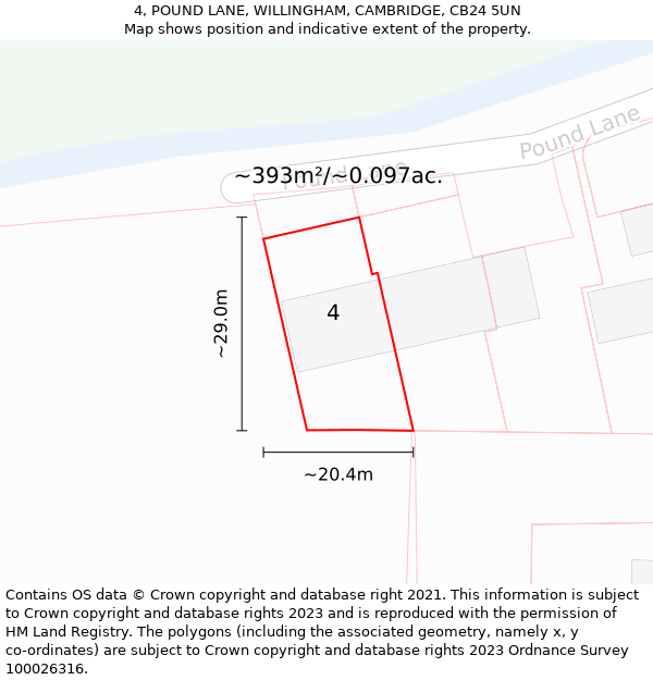 4, POUND LANE, WILLINGHAM, CAMBRIDGE, CB24 5UN: Plot and title map