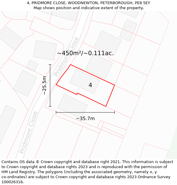 4, PRIDMORE CLOSE, WOODNEWTON, PETERBOROUGH, PE8 5EY: Plot and title map