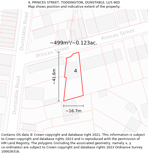 4, PRINCES STREET, TODDINGTON, DUNSTABLE, LU5 6ED: Plot and title map