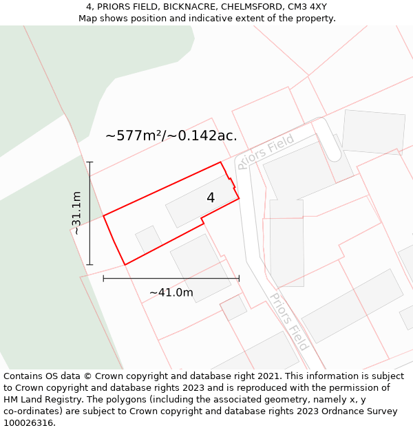 4, PRIORS FIELD, BICKNACRE, CHELMSFORD, CM3 4XY: Plot and title map