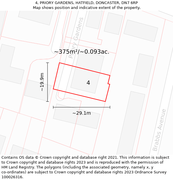 4, PRIORY GARDENS, HATFIELD, DONCASTER, DN7 6RP: Plot and title map