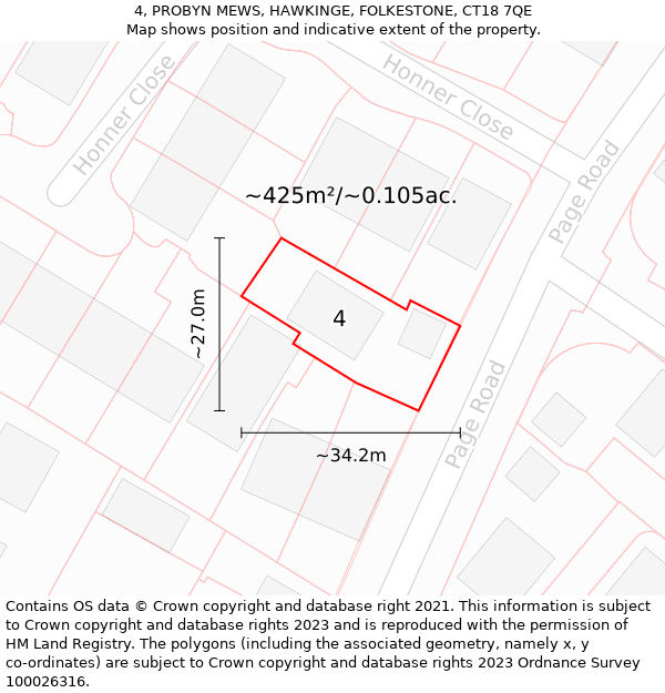 4, PROBYN MEWS, HAWKINGE, FOLKESTONE, CT18 7QE: Plot and title map